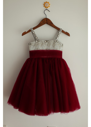 Beaded Gray Satin Burgundy Tulle Stunning Flower Girl Dress